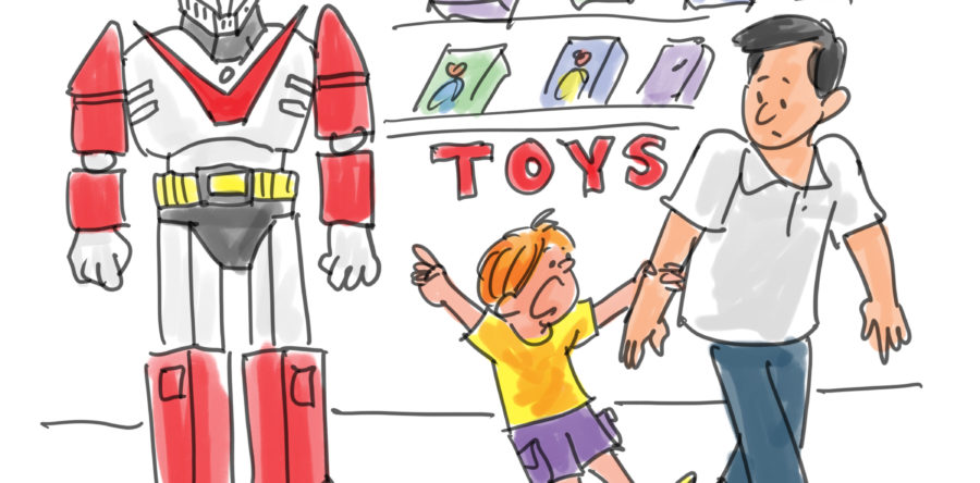 Cartoon of kid pointing to a toy robot asking his dad for it